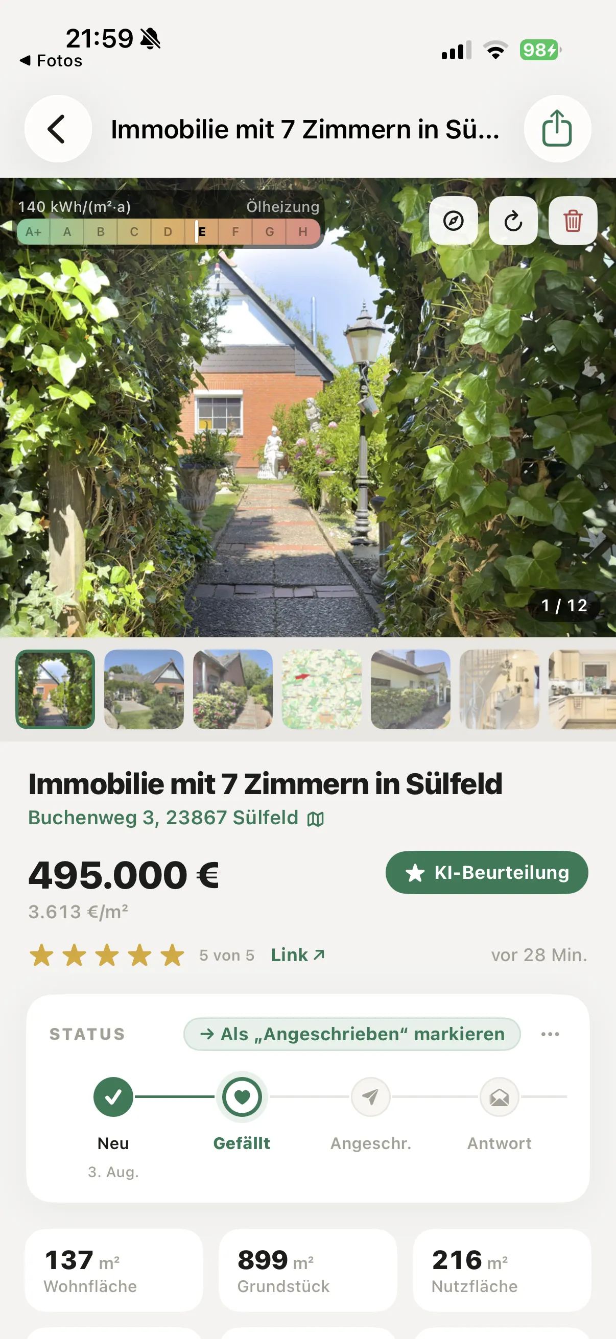 Objektansicht in Immolike mit Preis, Bewertung und Status